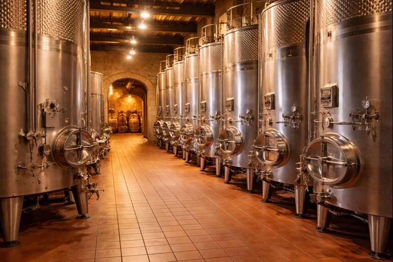 prosecco, northern italy, champagne flutes at sunset, winery stainless stell vats